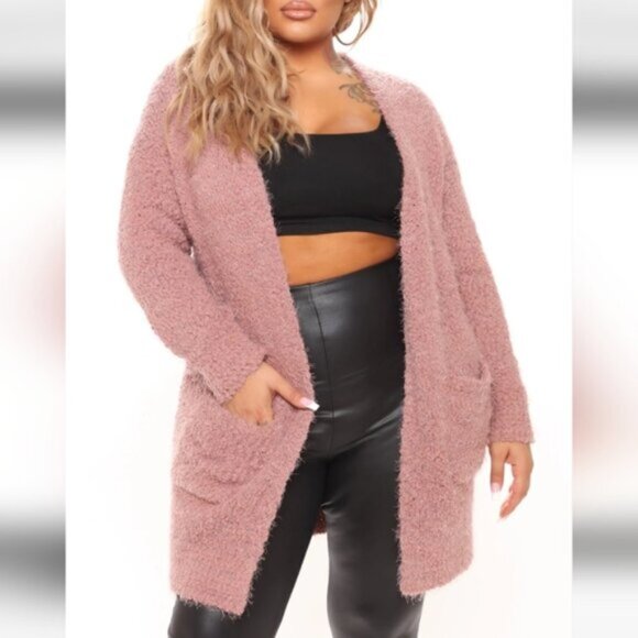 Fashion Nova Fluffy Comfy Mauve Open Front Cardigan Long Pockets Size Medium - Picture 1 of 9